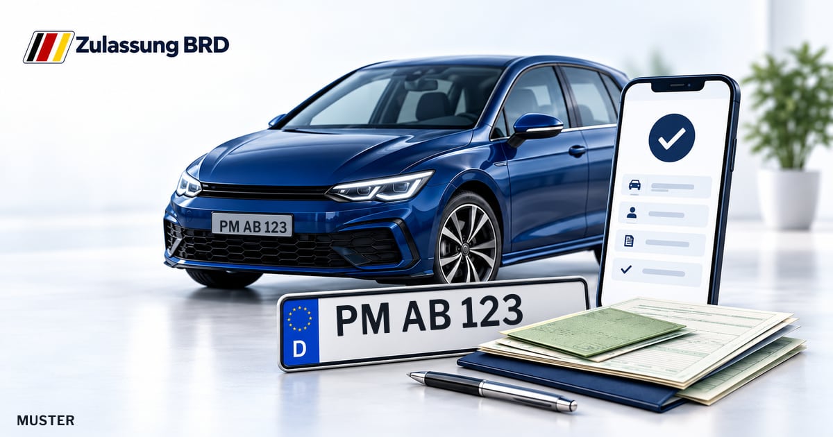 Online Fahrzeugzulassung in Bad Belzig: Musterkennzeichen PM AB 123, Auto und Fahrzeugpapiere und Smartphone. Illustration mit Logo von Zulassung BRD.